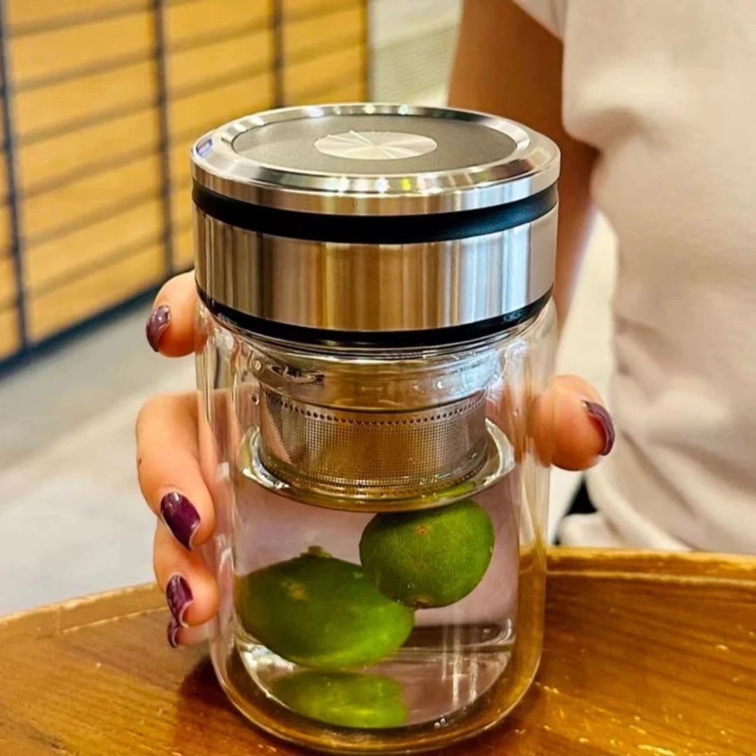 双层矮胖带盖水杯玻璃茶杯带滤网玻璃高硼硅高颜值耐高温泡茶杯