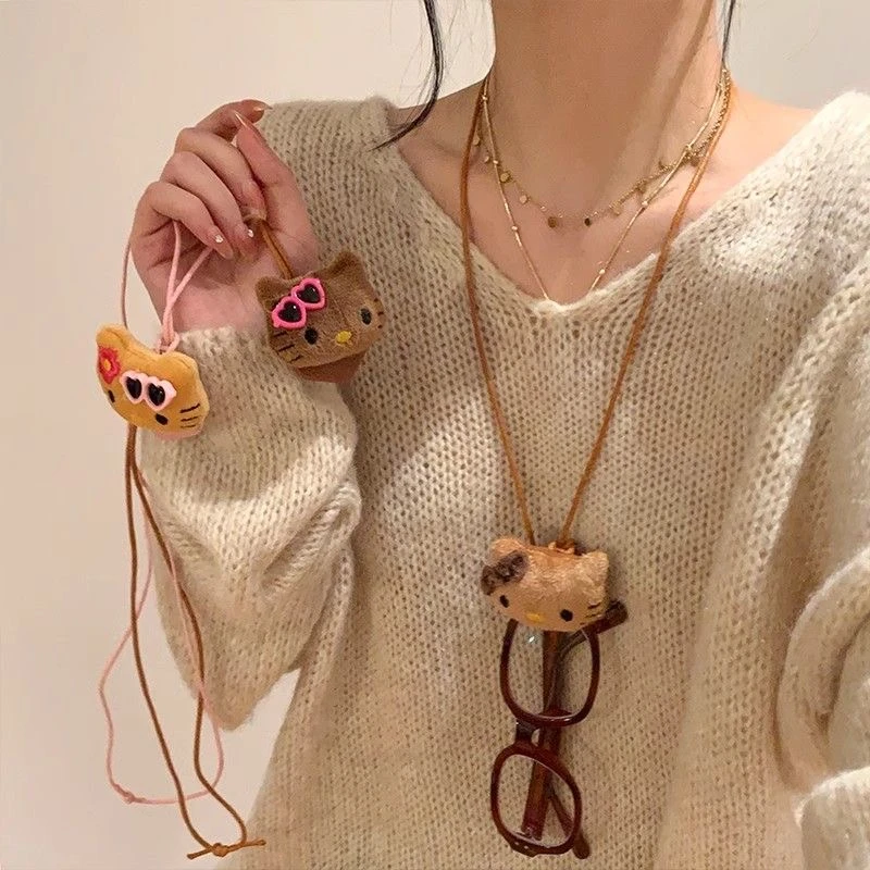 可爱猫咪挂脖眼镜夹毛衣链女外出百搭便携防丢墨镜链条抽绳式配饰