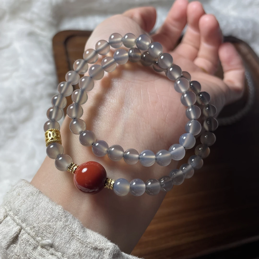 烟雨     天然南红玛瑙手串女灰玛瑙清冷气质单圈双圈多圈设计款