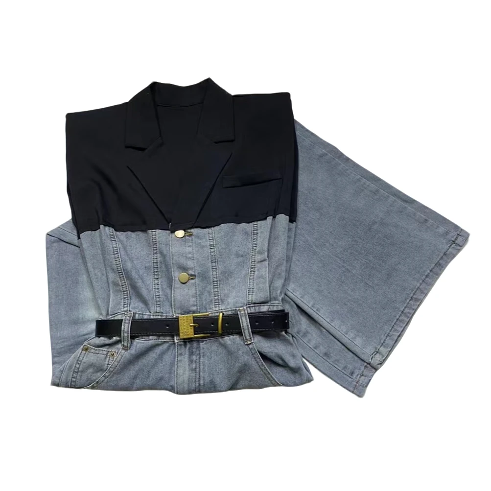 新品坎肩西装领设计拼色连体裤