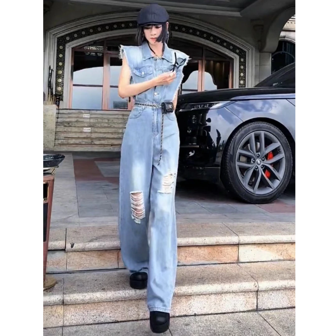 欧韩设计款显瘦显高破洞毛边连体裤