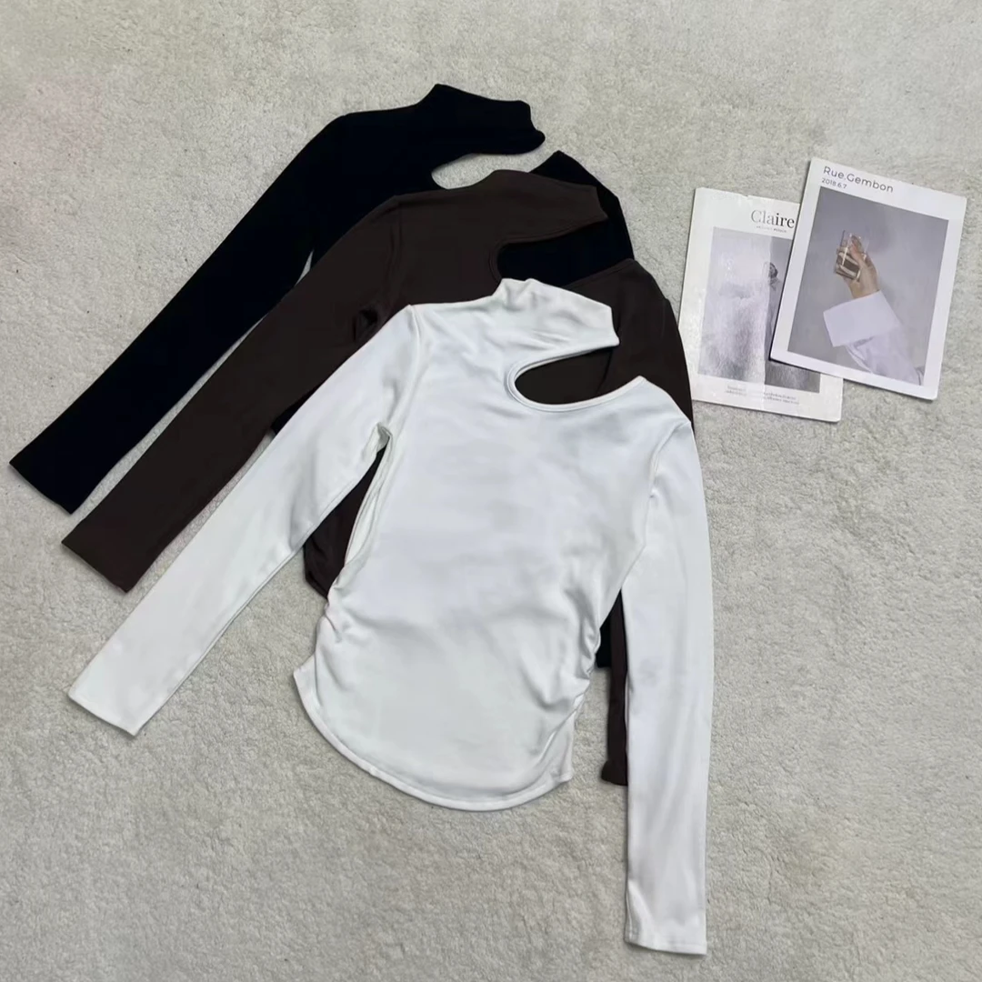 新款立领镂空侧边褶皱修身长袖上衣1225