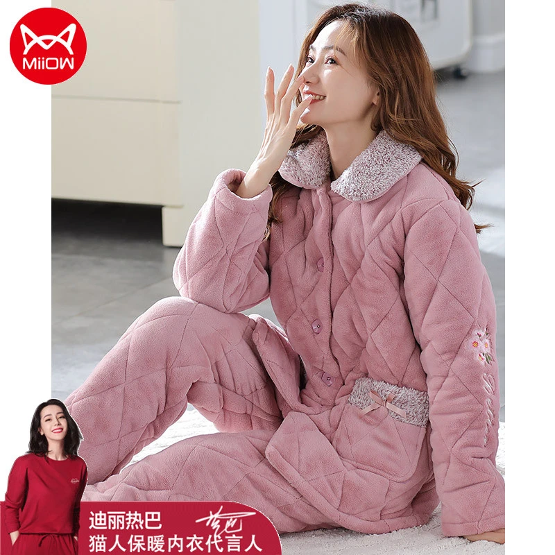 MiiOW/猫人加厚三层夹棉睡衣女士冬季冬天珊瑚绒可外穿家居服套装