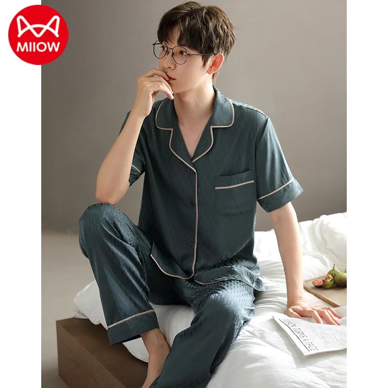 猫人新款冰丝睡衣男式夏季薄款短袖长裤开衫翻领套装休闲风家居服