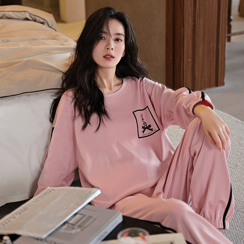 猫人粉色睡衣女春秋款100%纯棉长袖圆领轻奢高级秋冬季家居服套装