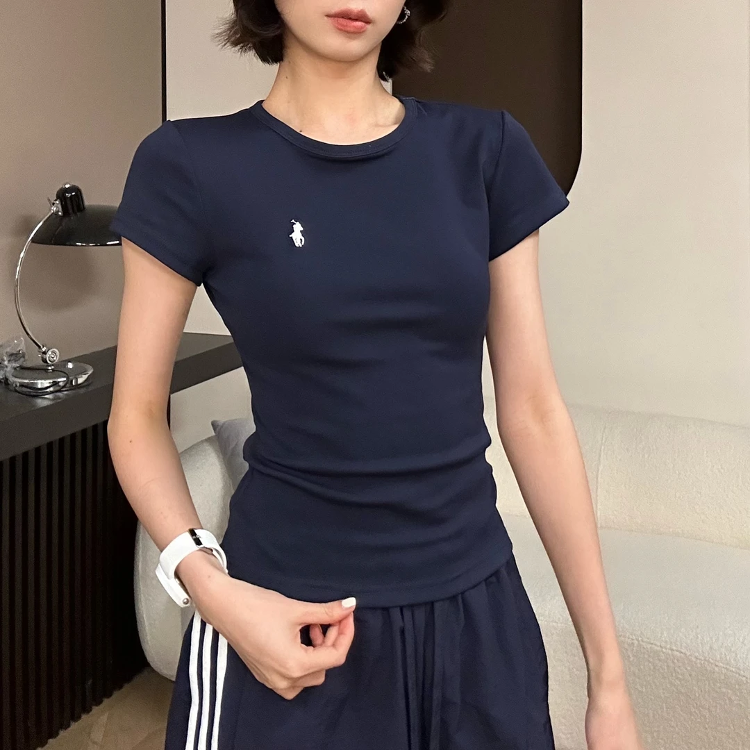 ［小马辣 t］夏季复古正肩弹力修身显瘦纯色百搭短袖刺绣T恤  1335
