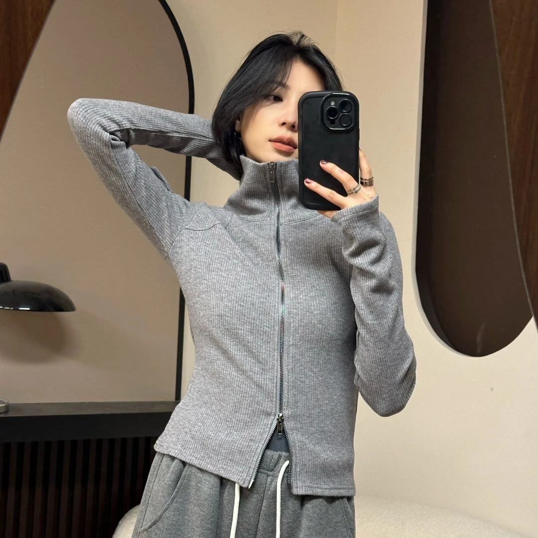 ［可调双拉链］加厚复古正肩坑条弹力收腰外套长袖T恤打底衫  1520