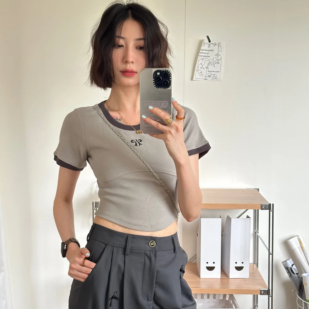 ［海盐气泡］新款百搭刺绣弹力修身螺纹短款辣妹显瘦短袖T恤1249