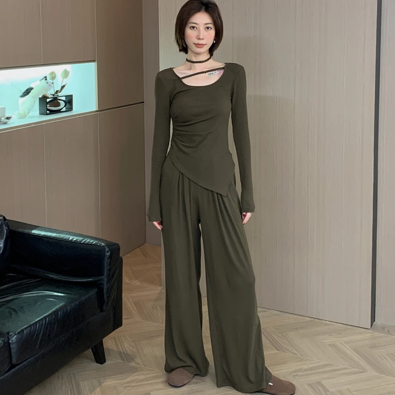 [可可套装]褶皱收腰弹力螺纹长袖打底衫高腰松紧腰宽松长裤 9126