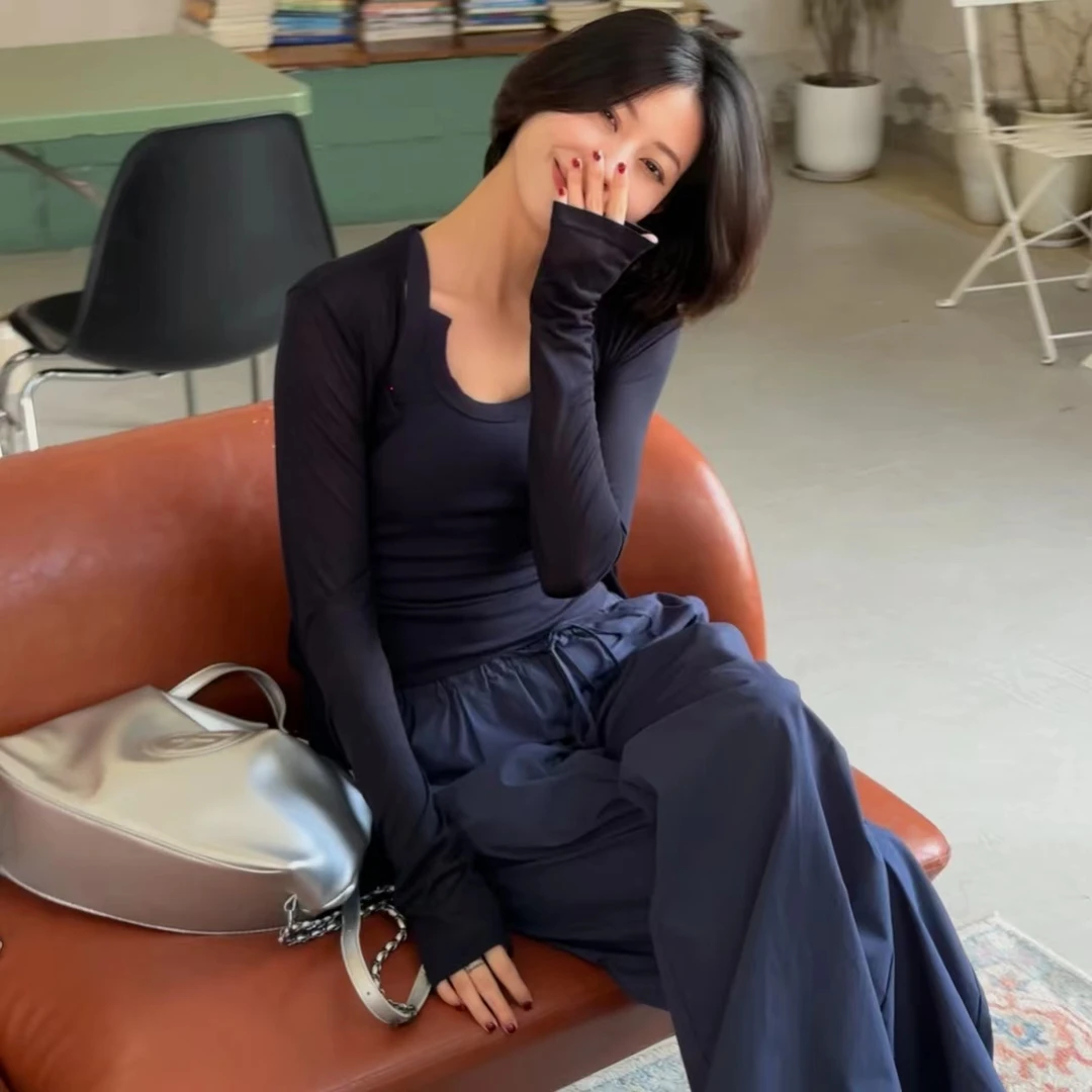 ［藏青三件套］弹力螺纹背心薄款清凉开衫松紧腰休闲长裤   1361