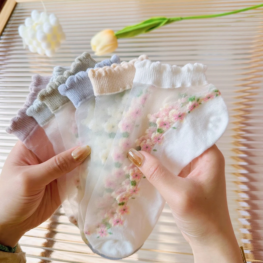 薄款卡丝袜夏季花边水晶船袜透气吸汗短袜春夏薄款袜子女袜子 fx