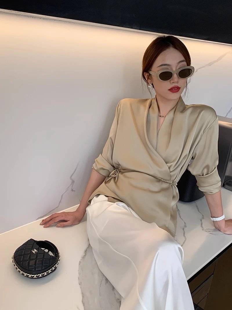 简创-新中式斜襟醋酸衬衫女宽松衬衣外套上衣小众国风PI23D179