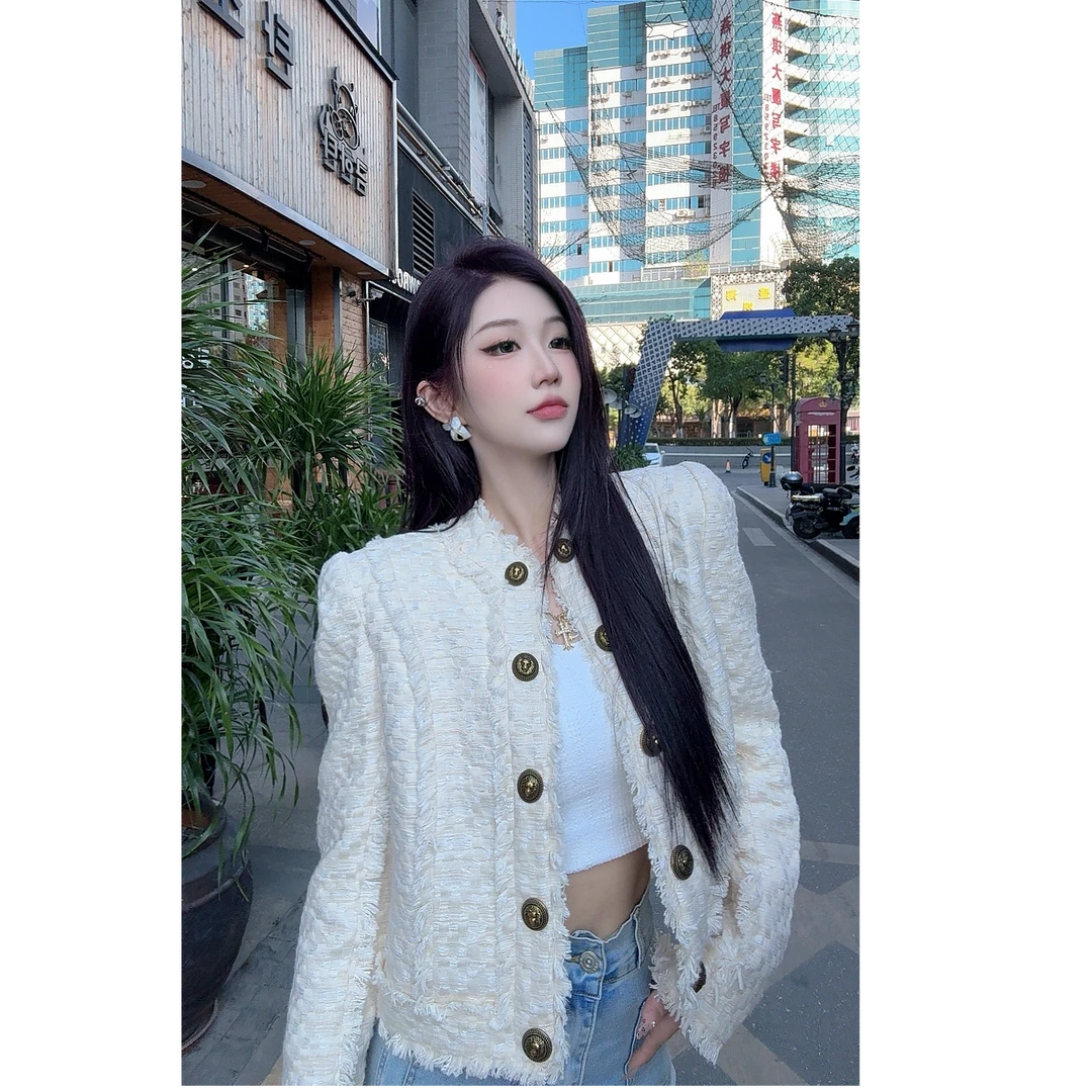 【燕哥家】法式重工双排扣小香风外套编织棋盘格设计短上衣