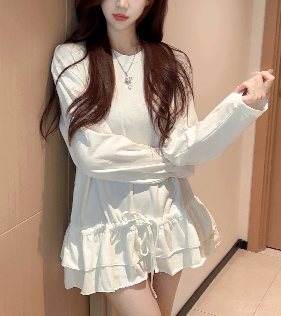 【燕哥家】纯色百搭 设计感荷叶边系带圆领长袖T恤