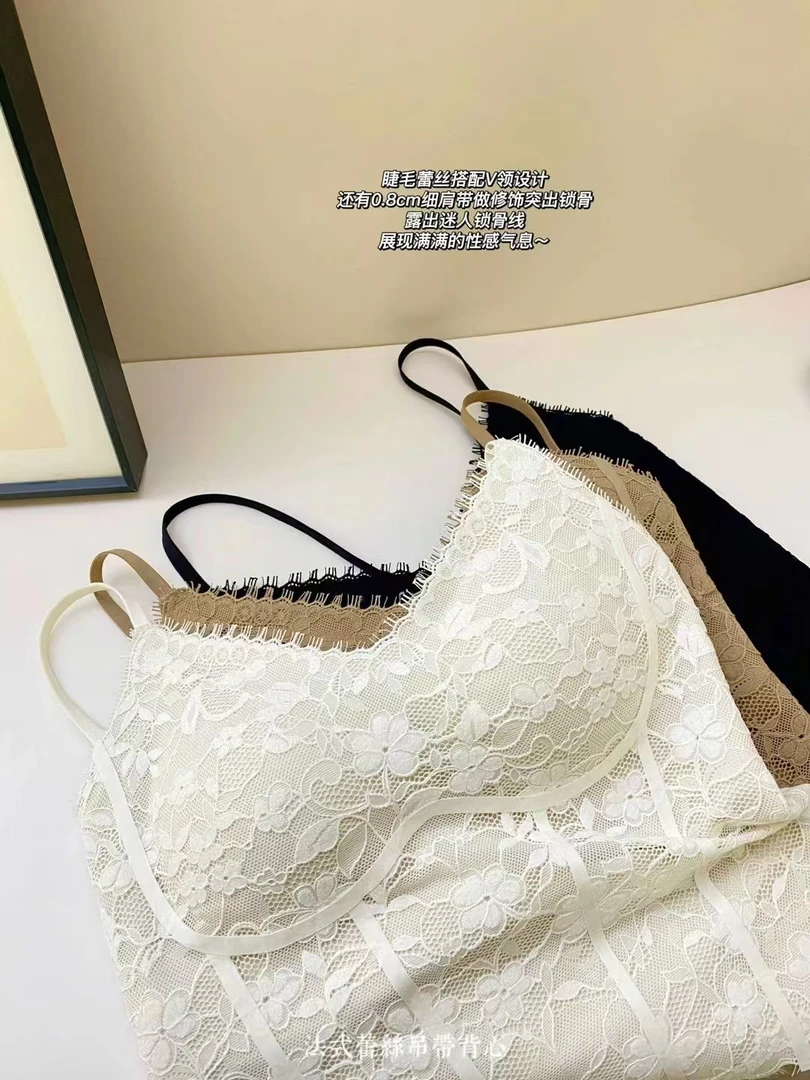 【燕哥家】秋冬款 法式V领蕾丝内搭美背 胸垫吊带一体上衣女