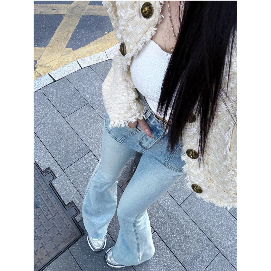 【燕哥家】秋季新款韩版弹力高腰牛仔裤百搭显瘦微喇长裤女