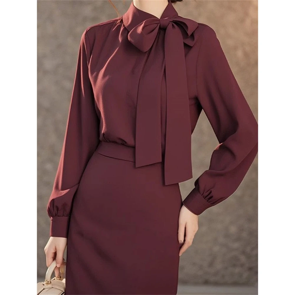 春秋新款文艺风设计感安可拉红衬衫收腰显瘦休闲半身裙高级感套装