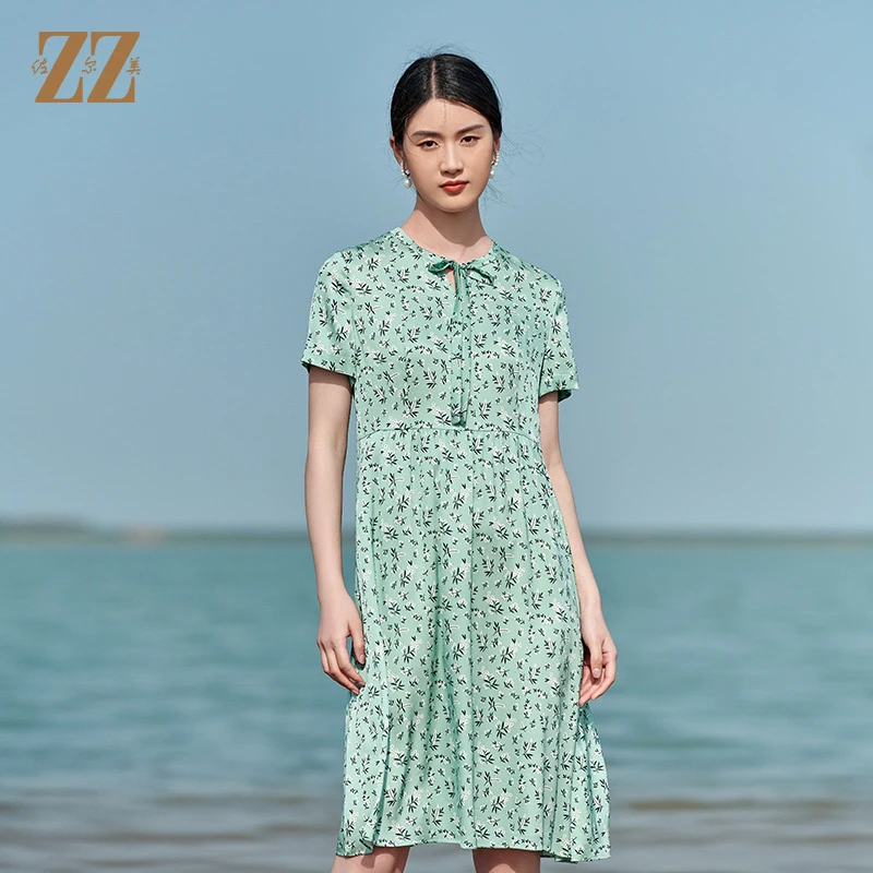 佐尔美2022夏季新款印花a字气质桑蚕丝真丝小碎花连衣裙女E22LS25