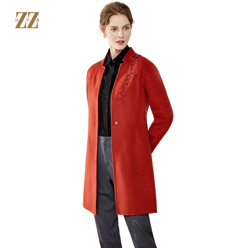 佐尔美秋冬新款纯色简约中长款羊毛气质双面呢大衣E74SM15