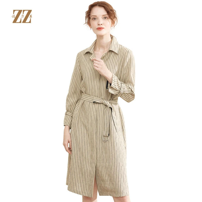 佐尔美春季中长款气质条纹休闲显瘦翻领系带长袖收腰风衣E93FC14