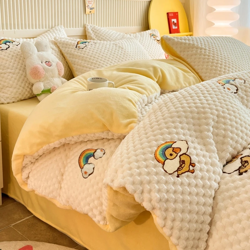 秋冬新品2024新款A类豆豆绒刺绣款四件套单人宿舍学生加厚三件套