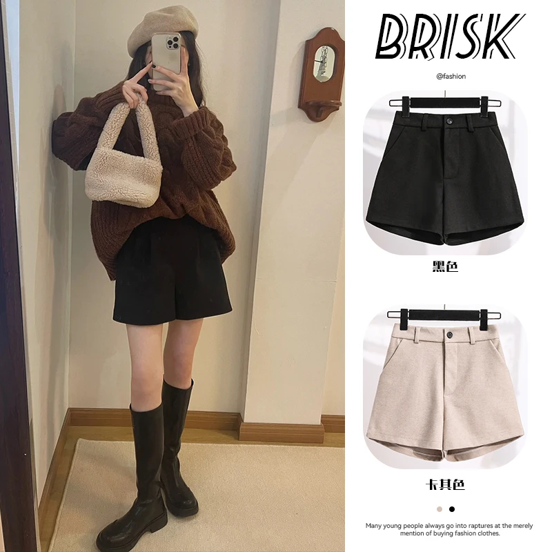 胖mm黑色毛呢短裤外穿大码宽松打底靴裤a字阔腿裤辣妹裤子早春女