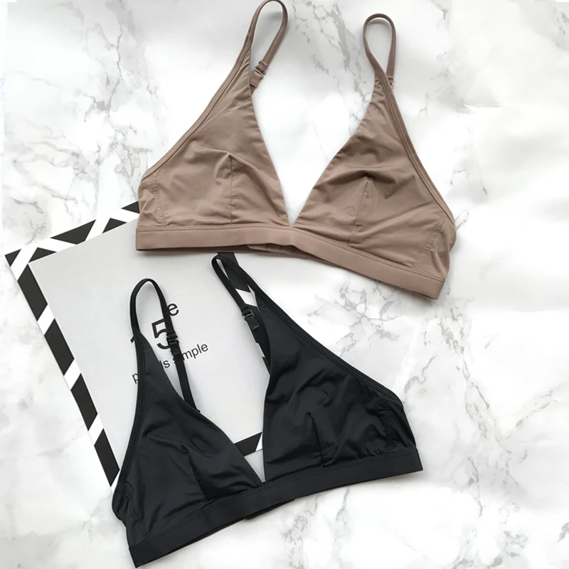 美背挂脖式文胸女超薄无钢圈海绵三角杯简约睡眠内衣胸罩bralette