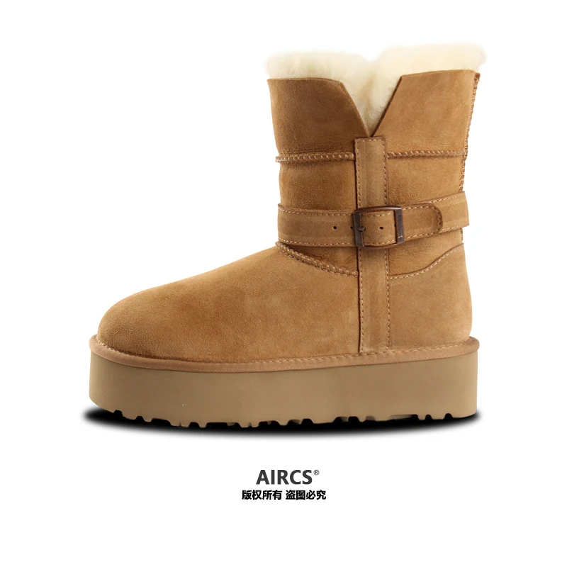 「中高筒骑士靴」新款中高筒下翻羊皮毛一体厚底骑士雪地靴