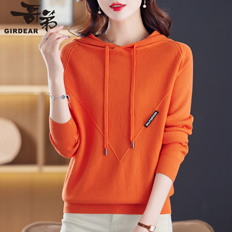哥弟秋冬新款连帽套头长袖针织卫衣女韩版宽松休闲短款纯色毛衣女