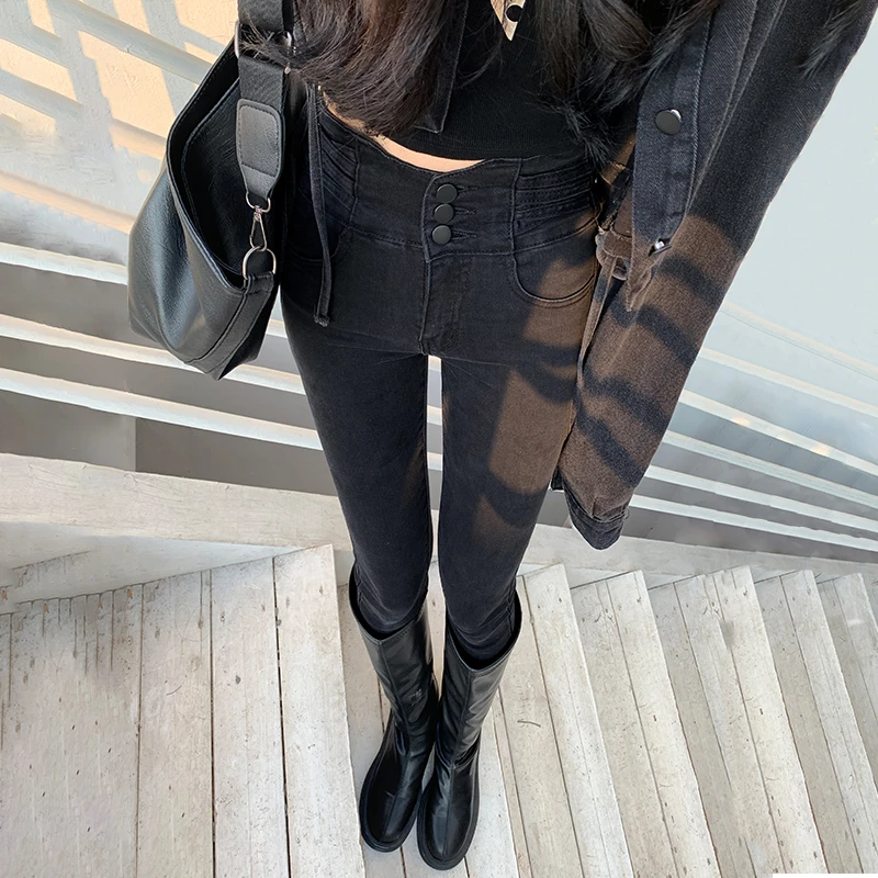 黑色加绒牛仔裤女秋冬2025新款超高腰修身显瘦紧身复古铅笔小脚裤