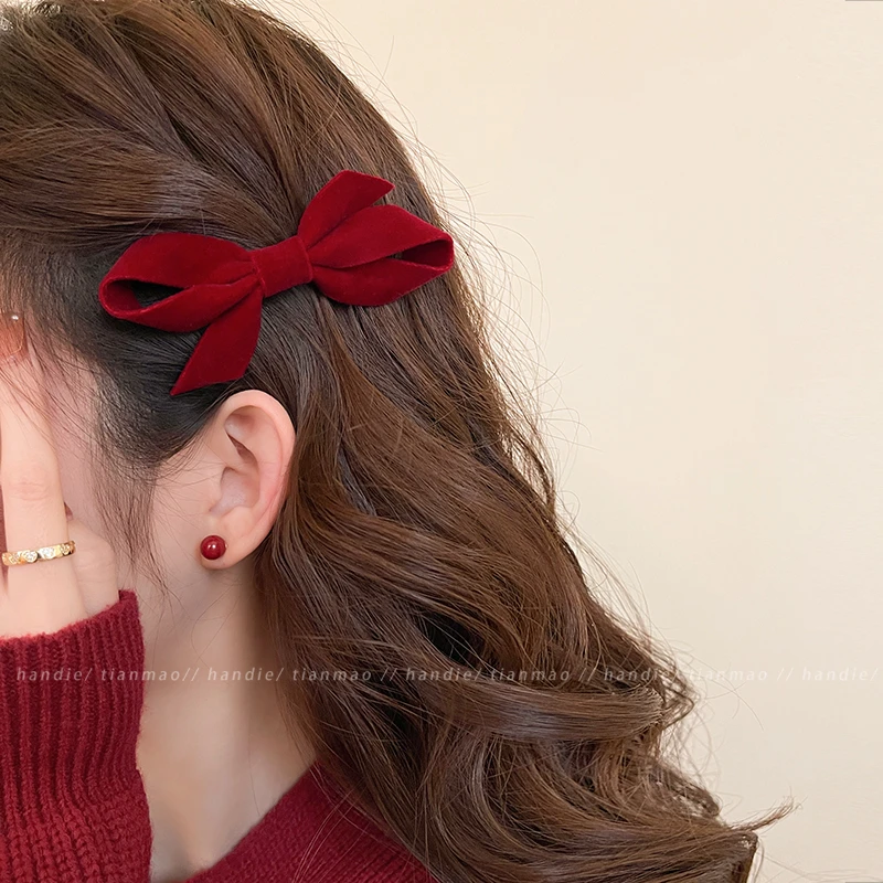 新年圣诞红蝴蝶结发夹女2024新款侧边碎发鸭嘴夹子头饰前额刘海夹