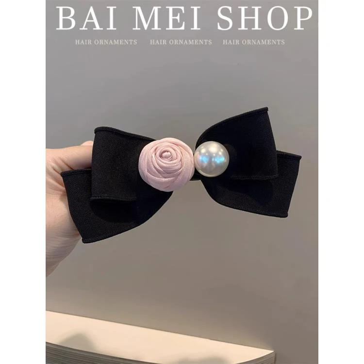 爱了~粉色立体玫瑰花蝴蝶结发夹侧边弹簧夹女后脑勺发饰黑色顶夹