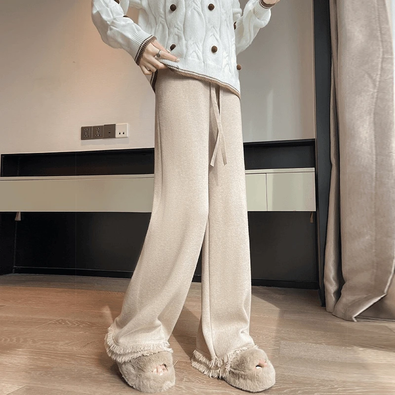 加厚针织阔腿裤女双层流苏慵懒风糯米高腰裤垂感秋冬微喇拖地裤子