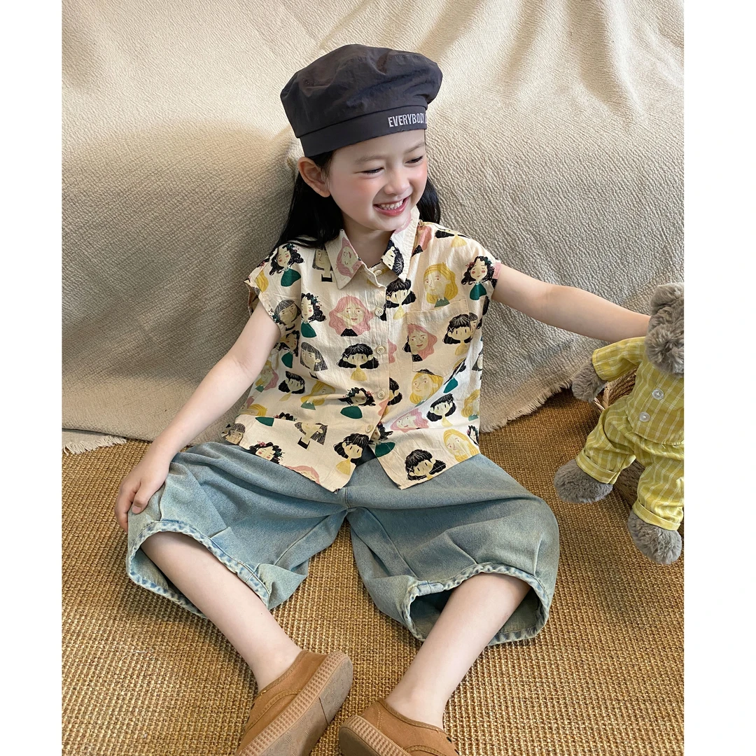 M-Y280儿童夏季卡通无袖棉麻衬衫中小童中性款休闲上衣