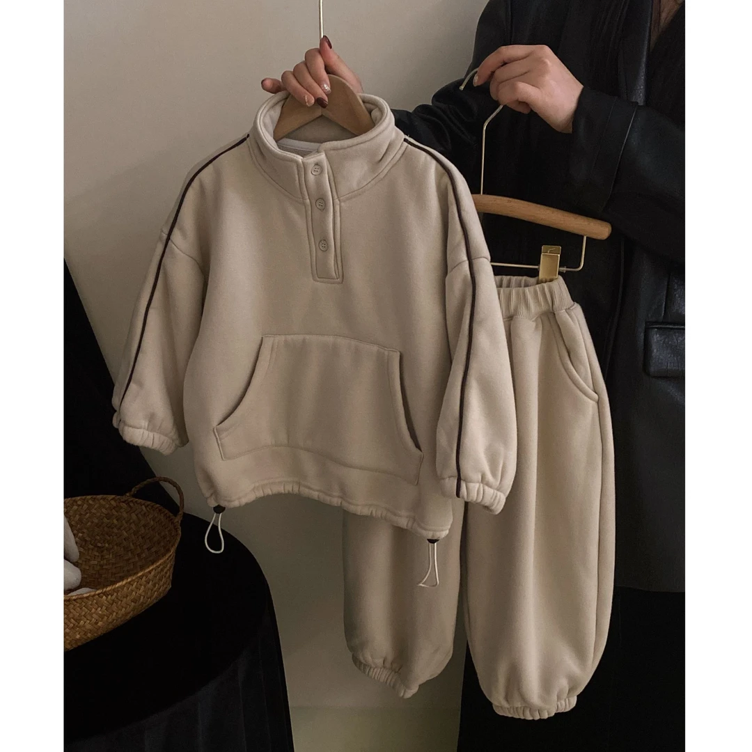 M-T0335儿童韩版加厚卡绳套装中小童秋冬款加绒保暖休闲两件套