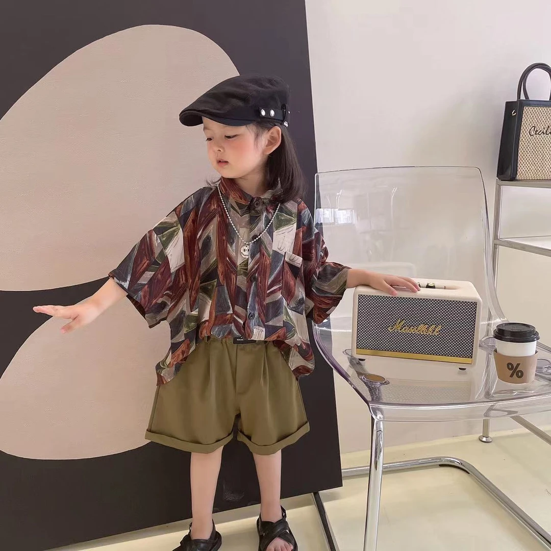 M-X116男女童韩版夏款几何衬衫中小童休闲短袖衬衫