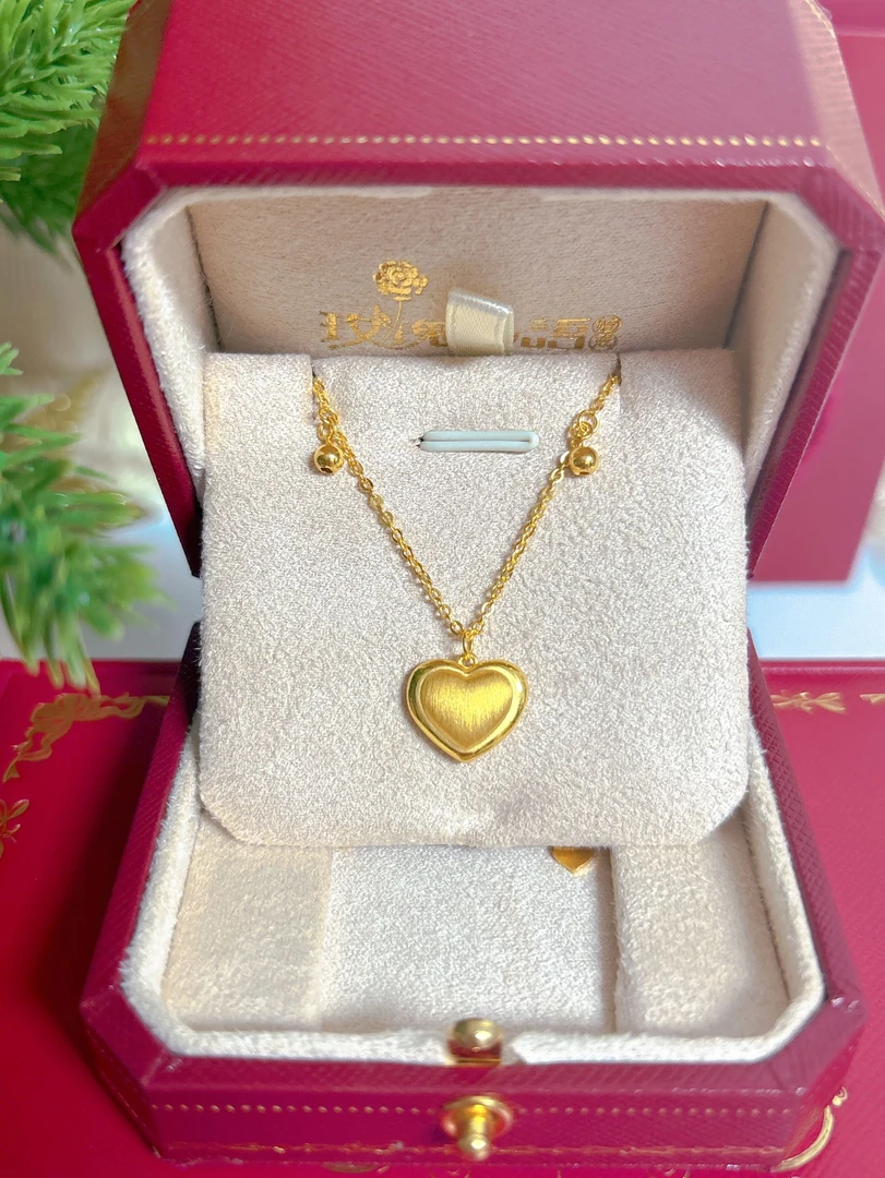 足金爱心啵啵拉丝双面套链5G工艺七夕送对象妈妈老婆女友百搭礼物