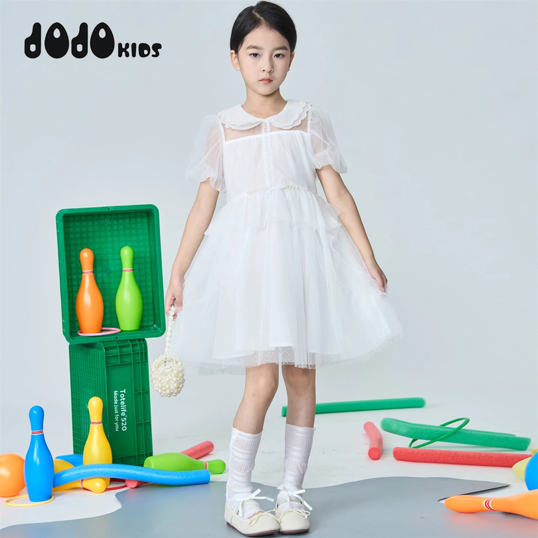 jojo童装女童连衣裙儿童宽松白色洋气时髦短袖网纱公主裙13221333