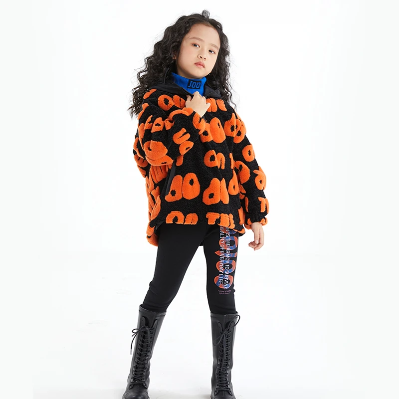 JOJO童装女童黑橙秋冬洋气韩版长袖连帽套头轻薄外套12423242