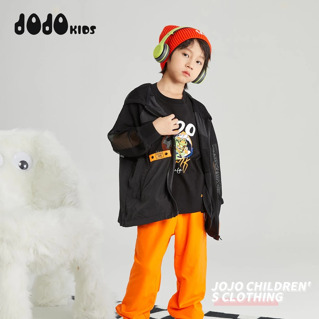 jojo童装2023春新款男女童连帽外套网纱拼接轻薄透气上衣12212231