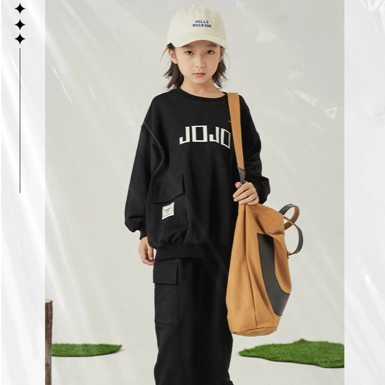 JOOJOO童装中大儿童潮牌宽松休闲潮牌黑色印花时尚套装12331859