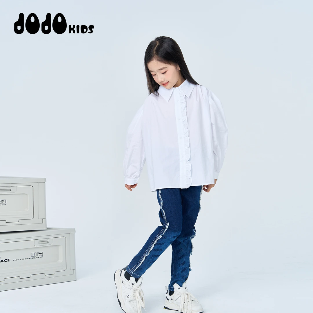 jojo童装女童秋季长袖纯棉衬衣中大童宽松时髦百搭洋气13321242