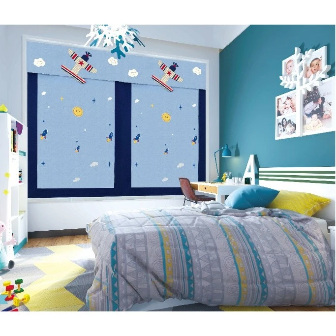 卡通儿童房窗帘布款遮光升降罗马帘简约时尚双层设计提花