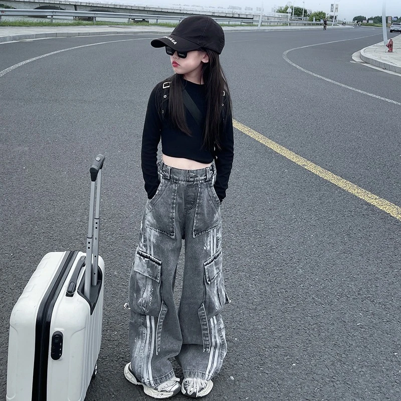 女童牛仔裤春秋韩系潮酷网红炸街帅气百搭爵士舞工装裤宽松阔腿裤