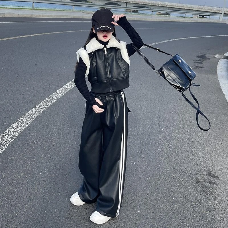 女大童秋冬季加绒套装2025新款韩版洋气皮马甲半高领打底衫三件套