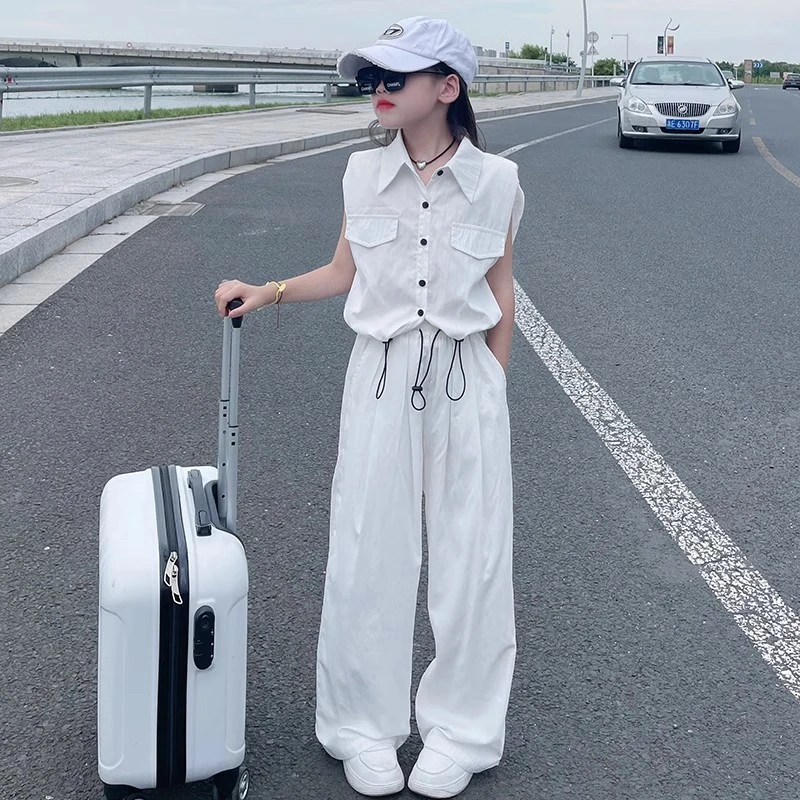 女童翻领无袖衬衫夏2025新款洋气儿童时尚宽松直筒阔腿裤两件套