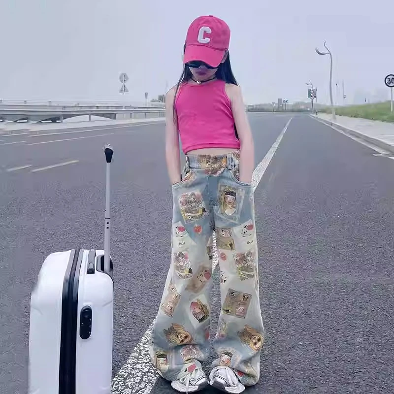 女童夏季牛仔裤2025新款中大童印花阔腿裤时髦休闲韩版直筒裤子潮
