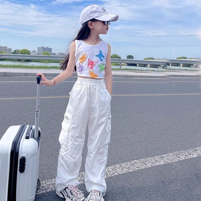 女童潮酷穿搭时髦夏季2025新款儿童白色工装裤女大童夏装街舞裤子