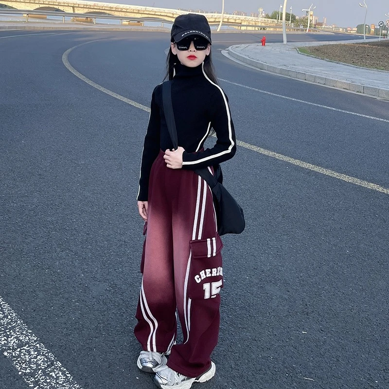 女童毛衣打底秋冬洋气2025新款韩版时髦儿童阔腿渐变加绒运动裤潮