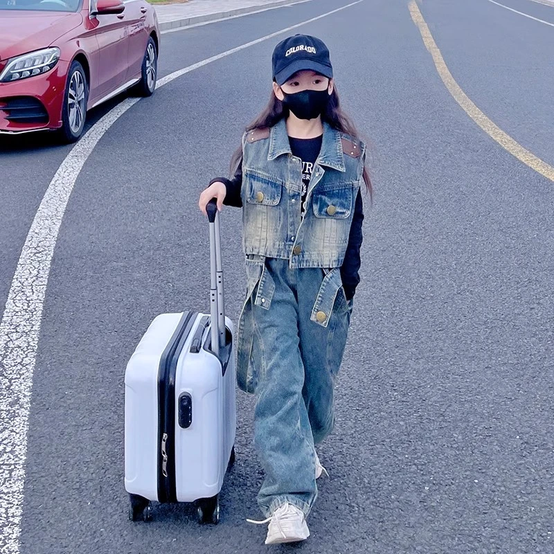 女童春季牛仔套装2025新款中大童韩版无袖马甲哈伦工装裤两件套潮